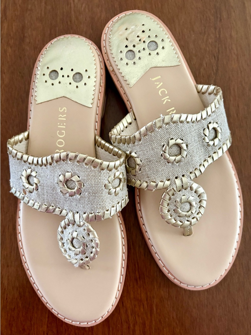 Jack Rogers Metallic Gold & Cream Braided Thong Sandals BRAND NEW